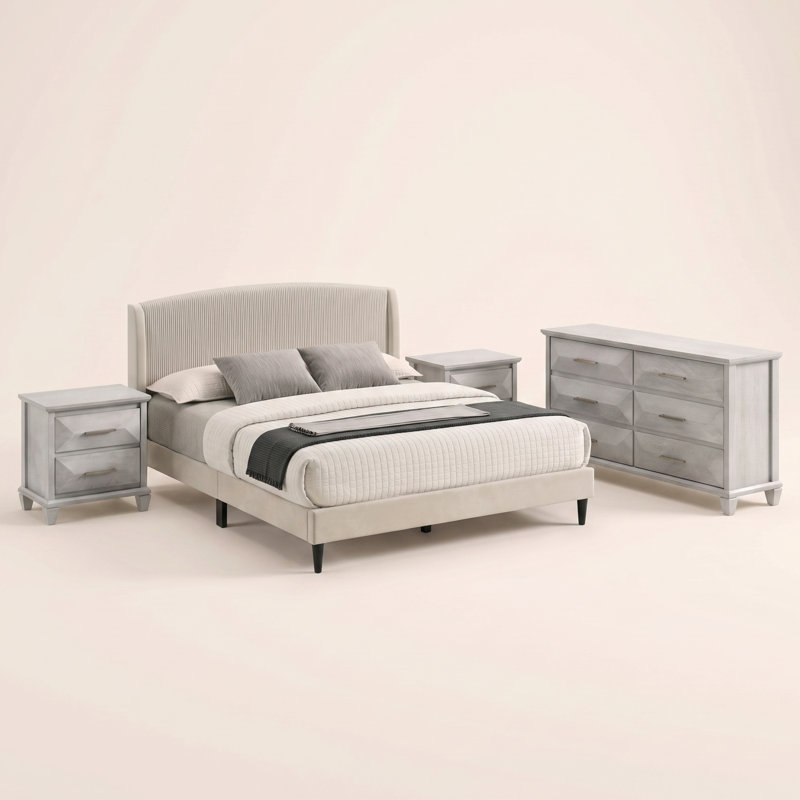 Ensemble de chambre à coucher 4 pièces Clarence, 4 Pcs: Bed, Dresser, 2 Nightstands, Lit double