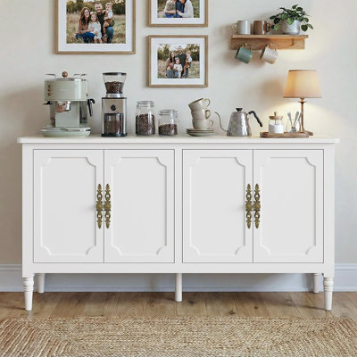 Buffet Buffet, blanc satiné - Crédence moderne Mid-Century avec tablettes réglables, poignées sculptées et bar à café pour la salle à manger ou le salon