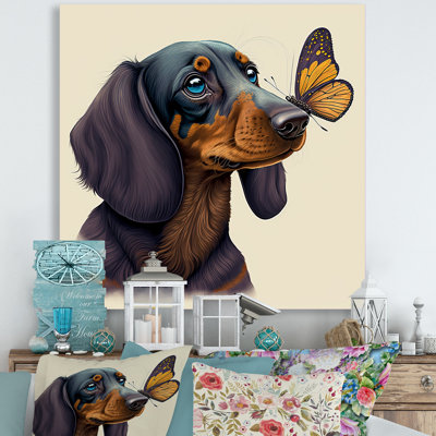Caricature de bachshund avec papillon - reproduction sur toile