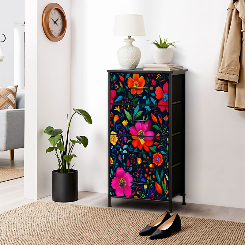 Commode pour commode de chambre à coucher Commode pour chambre à coucher à fleurs vibrantes à fleurs colorées avec commodes et commodes en tissu avec bacs de rangement à 4 tiroirs