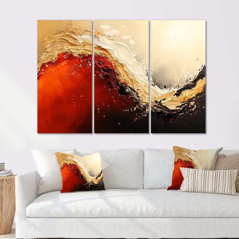 «Red and Golden Desert Wave I», ensemble d'art mural abstrait, H 40 po x l 60 po, Toile tendue, Ne s’applique pas