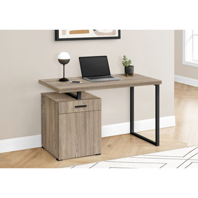 Table d'ordinateur de bureau à domicile avec grand rangement, stratifié taupe et tiroir de poste de travail contemporain en métal noir, finition