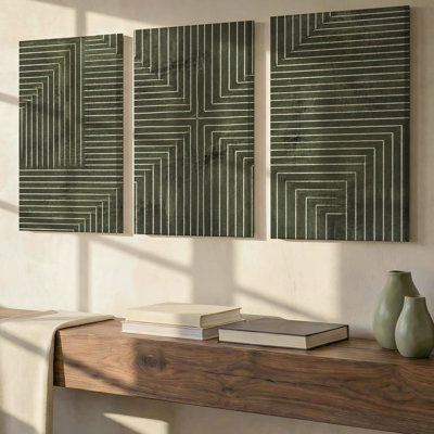 3 Pieces Exculisive Moss Green Etched Geometric Linework Wall Art, Modern Canvas Decor for Living Room, Bedroom, Office and Home, Ready to Hang