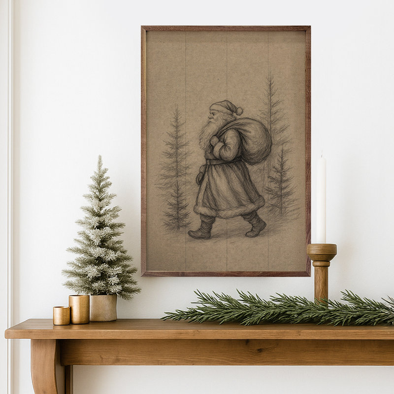 Saint Nick marchant dans les pins, H 16 po x l 10 po