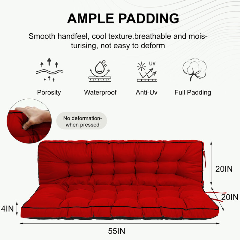 3 Seater Outdoor Porch Swing Cushion with Backrest, Red