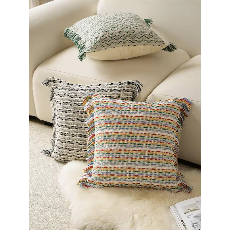 Multicolor Cotton Jacquard Striped Fringe Pillow Cover 18" x 18"