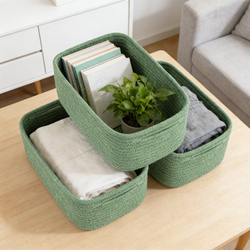 Small Woven Storage Basket Set Of 3, Handwoven Natural Cotton Rope Organizer Bins With Handles For Shelves, Closet, Nursery, And Home Decor