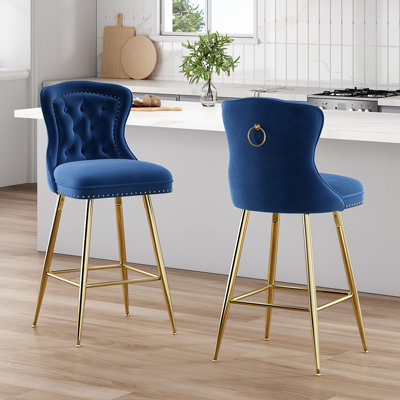 Ensemble de 2 tabourets de bar, tabourets de bar à hauteur de comptoir en velours avec pieds en métal, garniture capitonnée et têtes de clous, chaises de bar à oreilles pour le pub de l'îlot de cuisine
