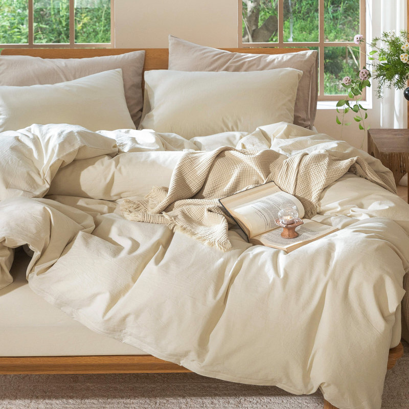 Ensemble de housse de couette légère avec fermeture à glissière 8 attaches 100% coton lavé MooMee, Lait d'amande, gris