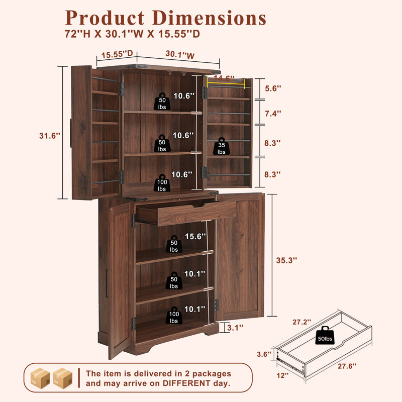 Garde-manger de 72 po Aaleah avec 12 tablettes de porte, 6 tablettes réglables et 1 tiroir profond, Brun