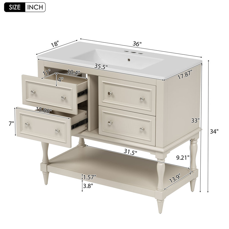 36" Sleek Solid Wood Frame Bathroom Vanity With Ceramic Sink, Bathroom Vanity With 4 Ample Drawers And Opening Shelf