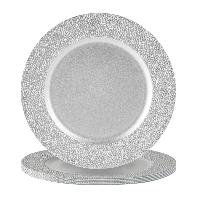 Argon Tableware - Melamine Charger Plates - Hammered Design - Silver - Set of 6