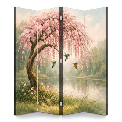 Cloison pliante à 4 panneaux avec cerisiers en fleurs, cerisier à fleurs, paysage de printemps, toile de séparation, cloison de protection autoportante