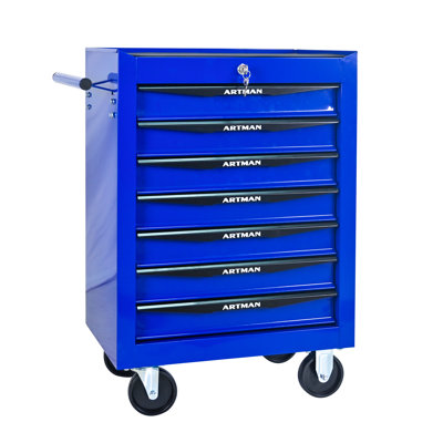 Coffre à outils roulant en métal à 7 tiroirs, armoire à outils en acier robuste avec glissières à roulement à billes, rangement pour outils verrouillable avec roulettes de frein - noir et bleu
