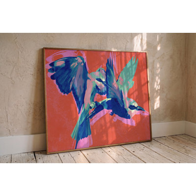 «Vibrant Birds in Flight» par Treechild - Art mural animalier - reproduction encadrée avec passe-partout 48 x 32 (or)