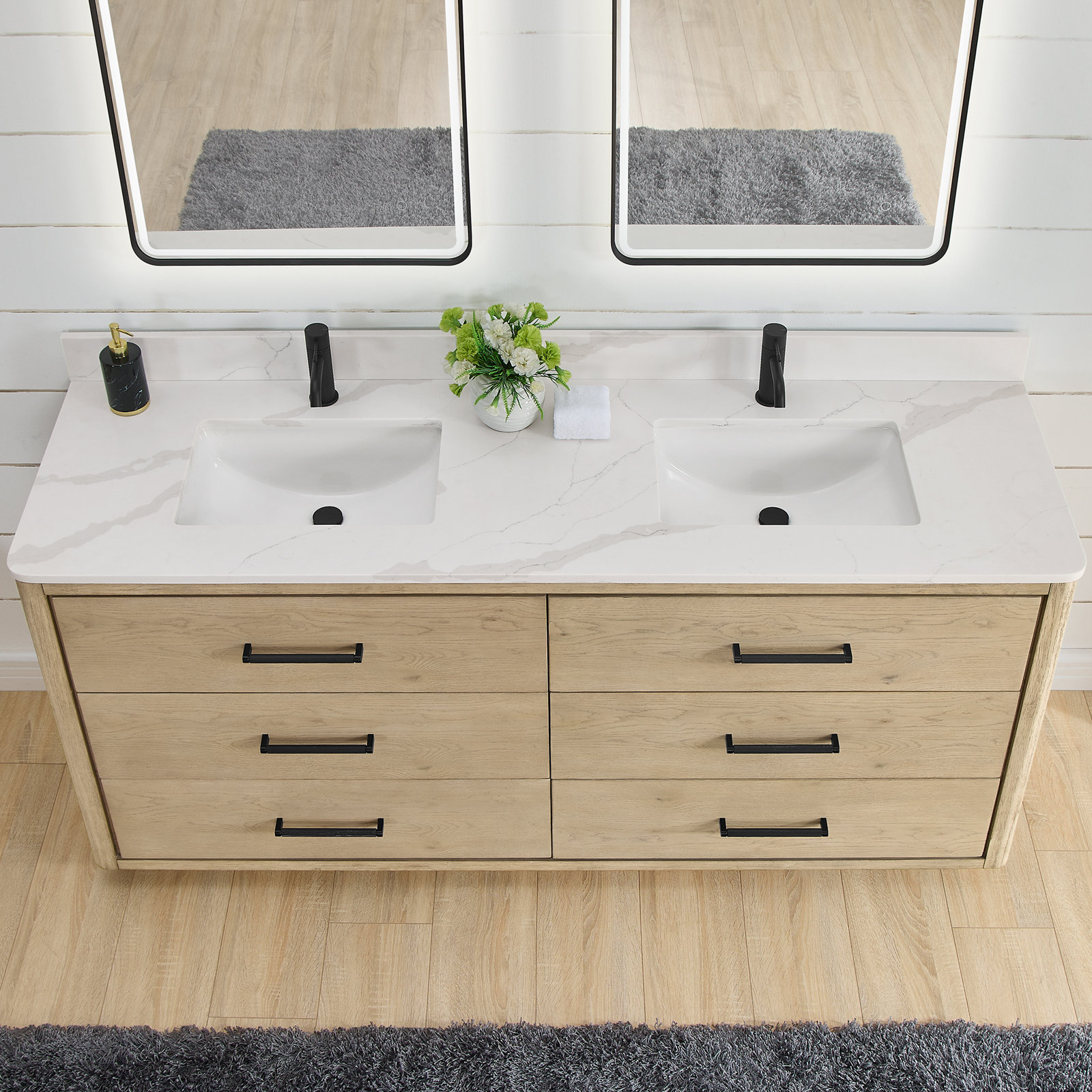 Porto 72'' Double Bathroom Vanity, Natural Oak, Matte Black