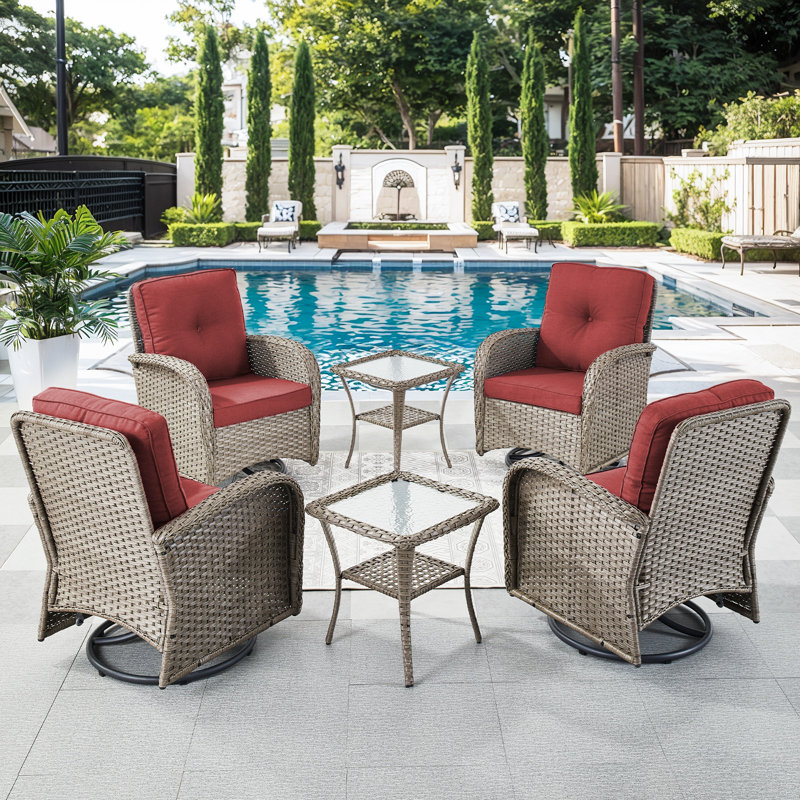 Keywest 4 - Person Outdoor Seating Group PE Wicker Swivel Glider With Cushions With Side Table, Red