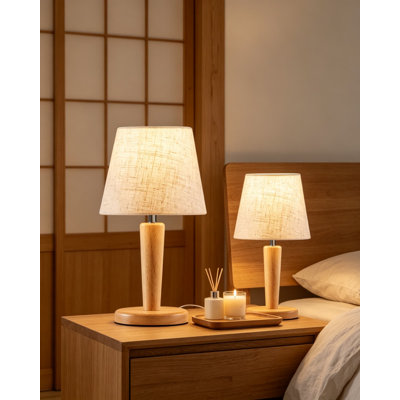 Ensemble de 2 lampes de table de chevet en bois 12 pouces, 2 petites lampes de bureau avec abat-jour en lin beige, 3 températures de couleur avec mémoire, ampoules DEL E26 incluses, pour le bureau du salon de la chambre à coucher, finition en bois naturel