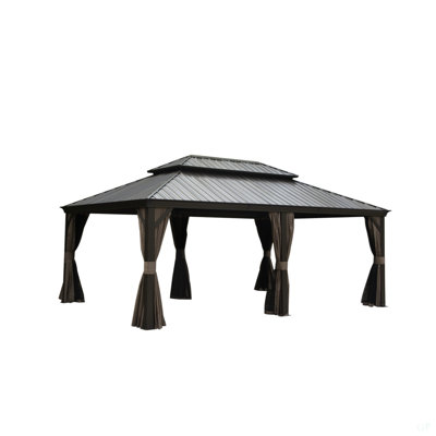 14X20ft Hardtop Gazebo, Permanent Metal Gazebo With Galvanized Steel Double Roof And Aluminum Frame, Curtain And Netting, Large Pavilion Gazebo For Patio Deck Garden