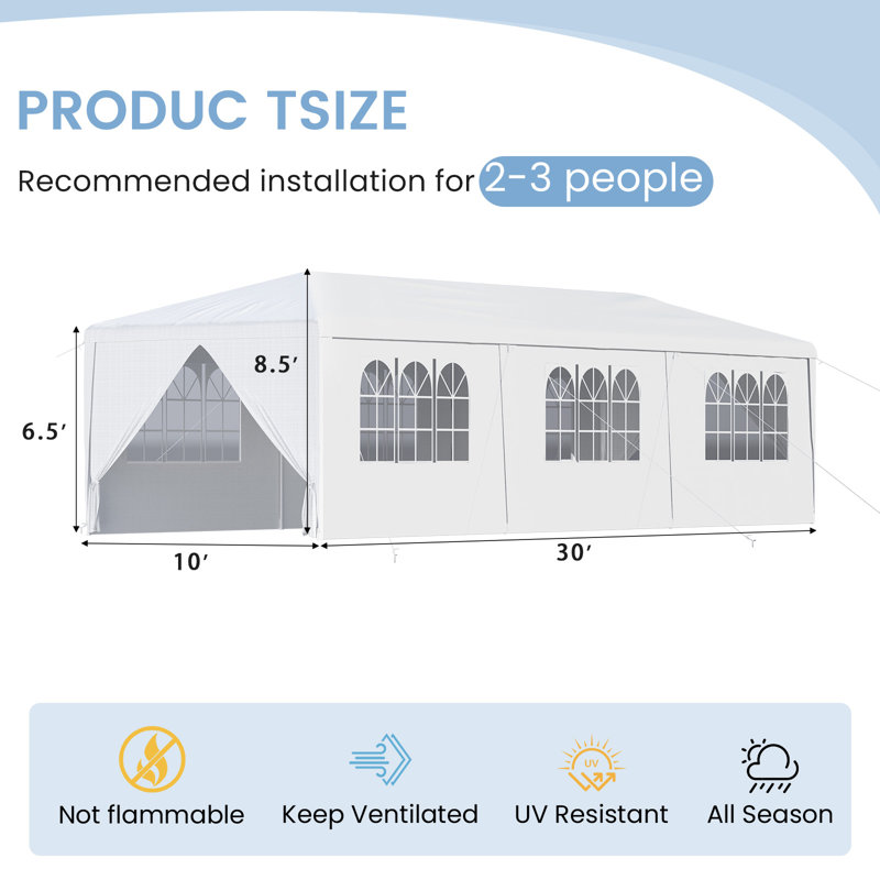 10 X 30ft Party Tent With Sidewalls, Outdoor Event Canopy With Removable Panels & Zipper Doors, Backyard Gazebo Tent, White