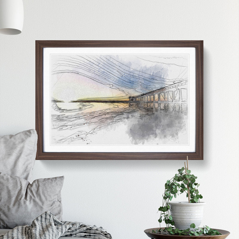 Pier in San Diego Sketch - Picture Frame Graphic Art Print, Walnut Framed, 40cm H x 60cm W x 2cm D
