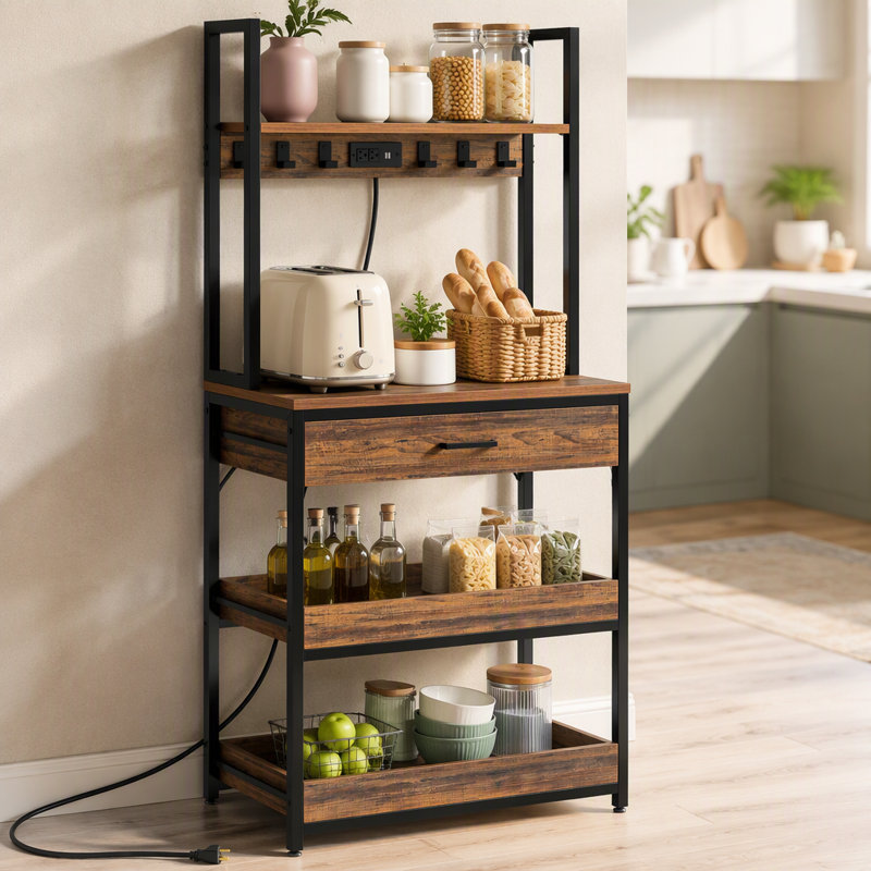 Étagère de boulanger de cuisine à 5 niveaux avec prises de courant, tiroir et tablettes coulissantes, Rustic Brown