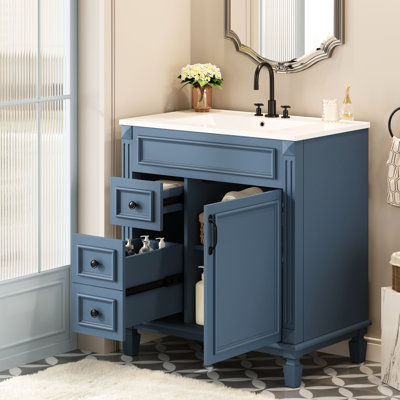 Meuble-lavabo de style français de 30 po avec lavabo en céramique, tiroirs coulissants et tablette réglable de 30 po, charnières à glissière à tiroir,