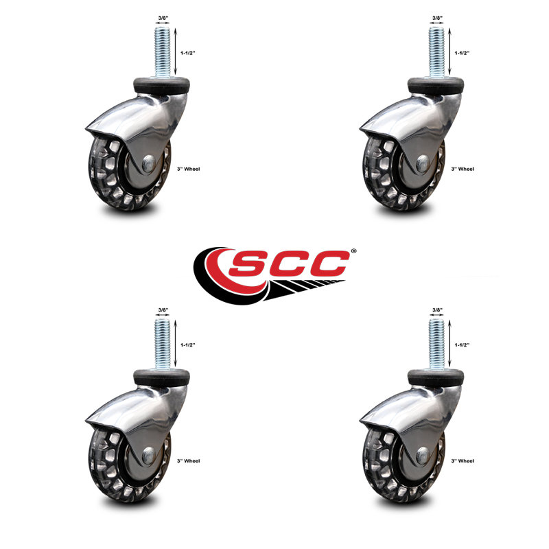3 Inch Bright Chrome Hooded Polyurethane 3/8 Inch Threaded Stem Casters Set 4