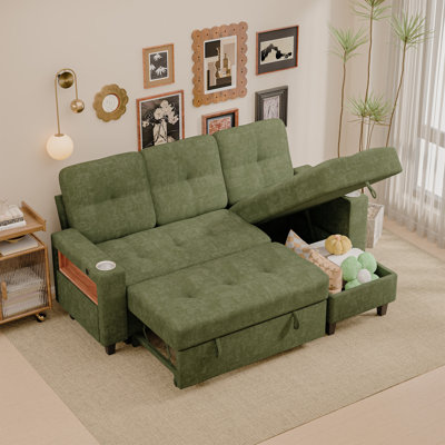 Canapé-lit modulaire en chenille 80 po avec méridienne réversible, bras de rangement et ports de charge, vert