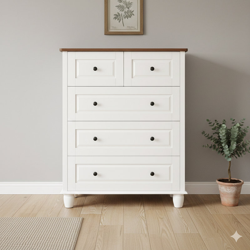 White Five-Drawer Dresser, Tall Chest Of Drawers, Five-Drawer Dresser With Ample Storage Depth, Wood Storage Cabinet For Living Room, Hallway, Office In White.