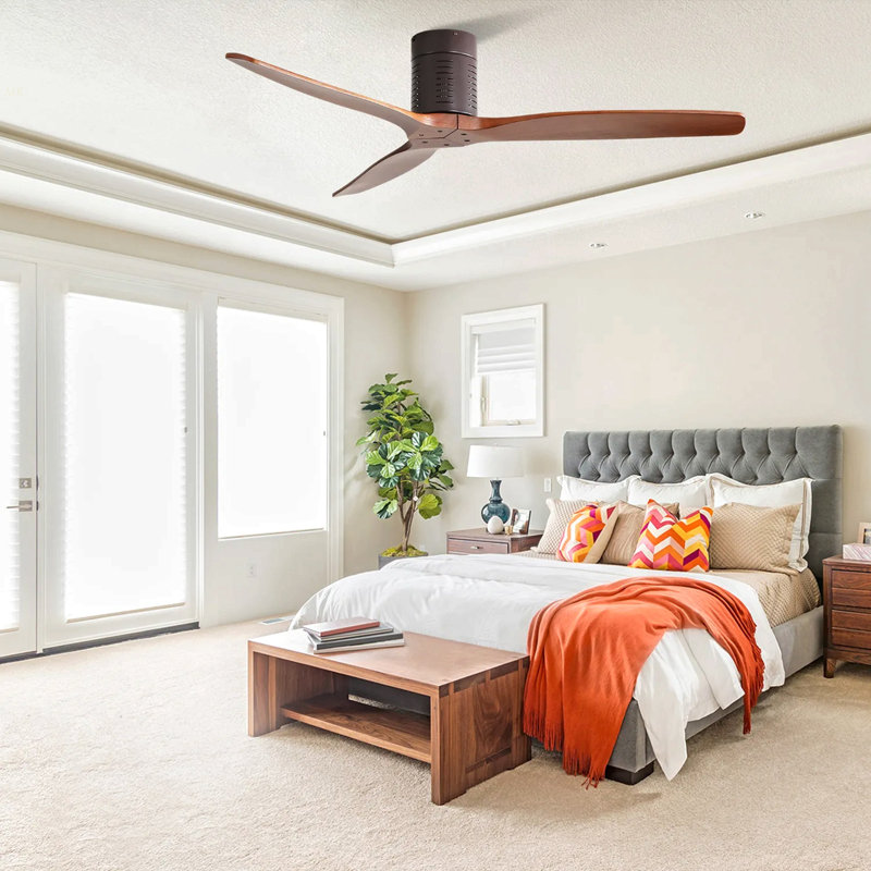52 Inch Flush Mount Ceiling Fan With Remote Control, 3 Reversible Wood Blades Noiseless DC Motor Ceiling Fan Without Light
