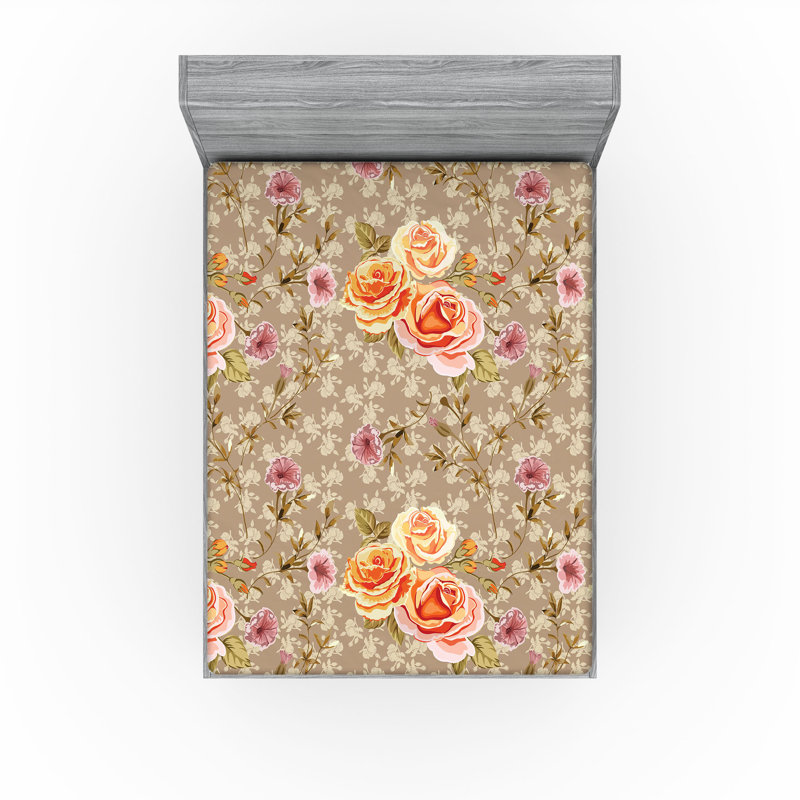 Drap-housse à motif floral Ambesonne, Taupe chaud, orange, rose / floral, Drap-housse de taille double