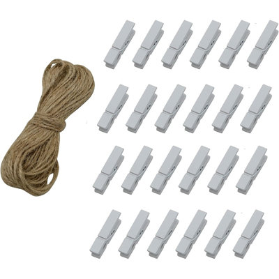 100 mini pinces à linge blanches en bois avec ficelle en jute de 33 pi - pinces à photo 1,3 po pour artisanat et décorations