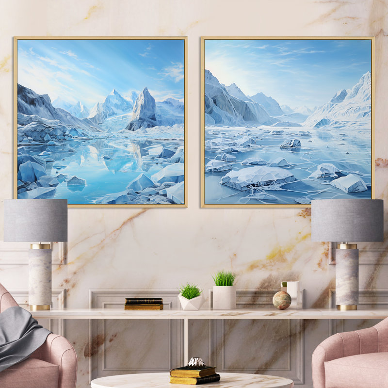 Glacier Winter Scenery au Groenland - ensemble de 2 collages carrés Glacier, Cadre flottant brun, H 30 po x l 61 po