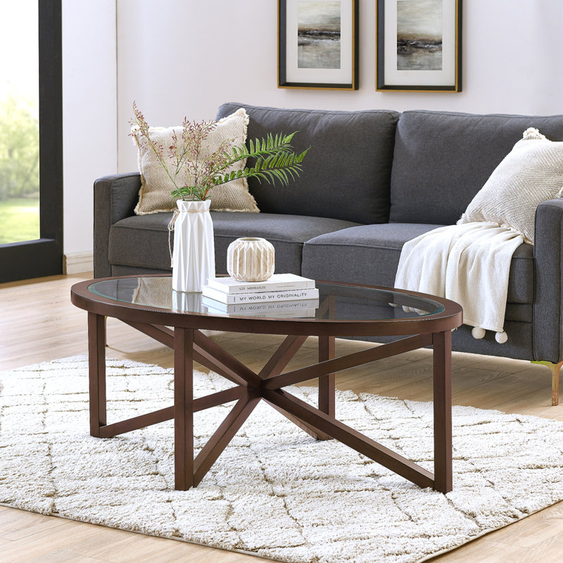 Table basse ovale en bois 28,34 po avec plateau en verre, Black, Cerisier