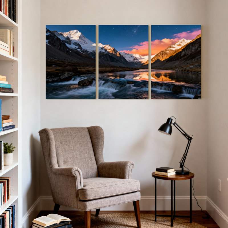 Scénario et paysage urbain, rivière de montagne, coucher de soleil, réflexion sur toile, ensemble de 3 impressions sur toile