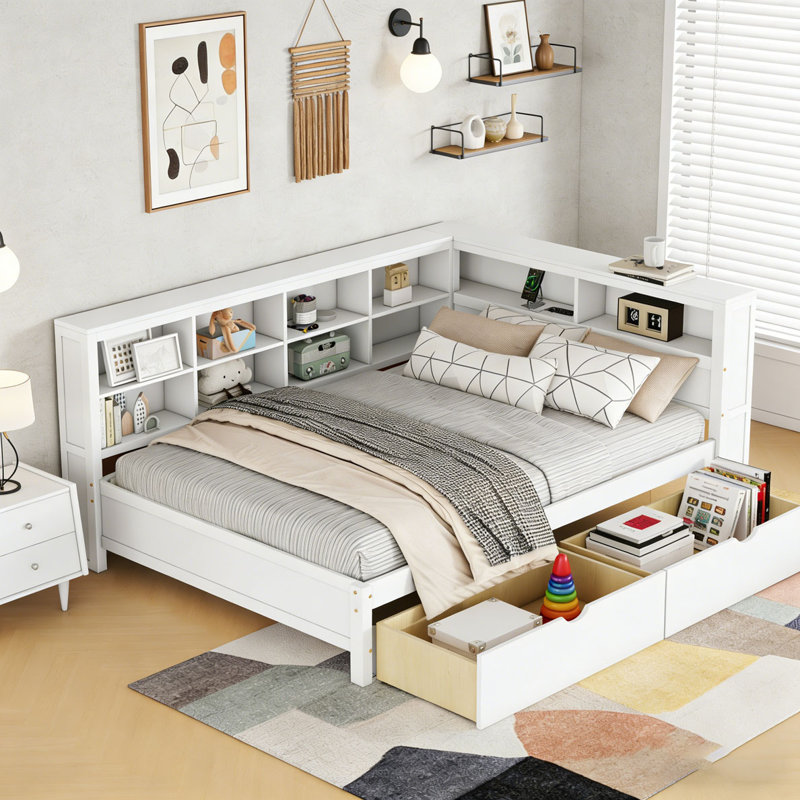 Lit de jour en bois avec 2 tiroirs, Blanc, Lit double