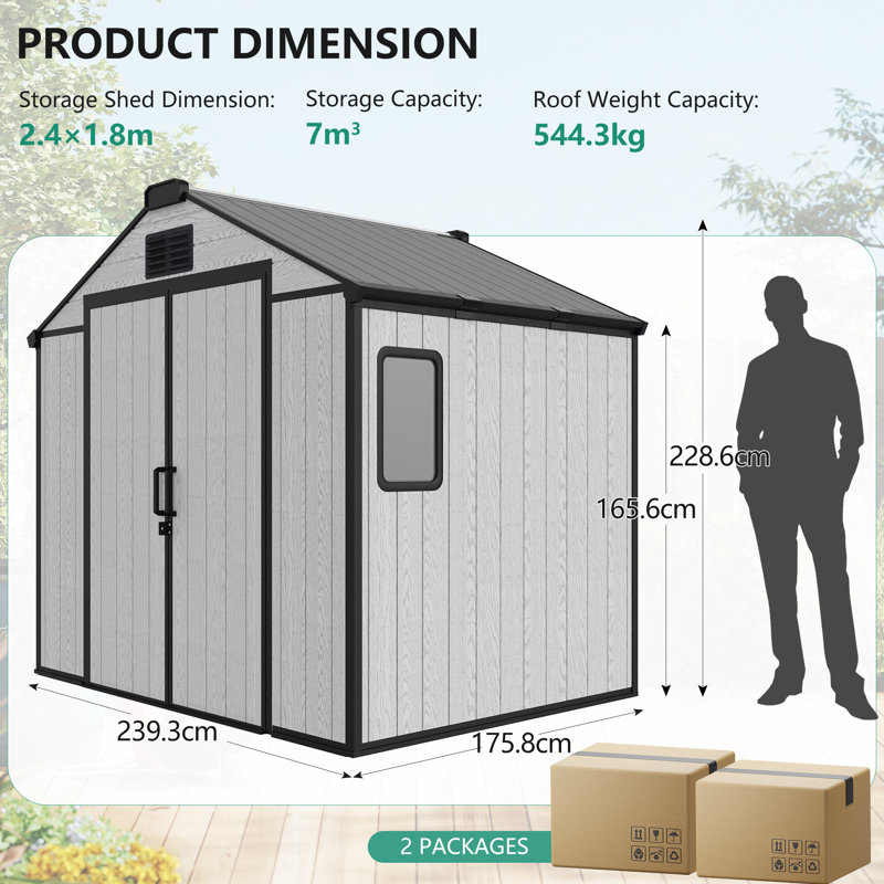 8 Ft. W X 6 Ft. D Resin Storage Shed With Floor, Outdoor Garden Shed