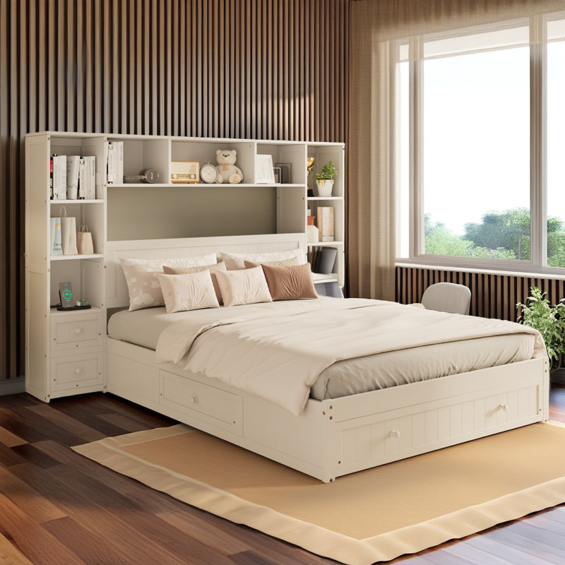 Multi-function USB Platform Bed With Large Storage Bookcase and Nightstand, Full