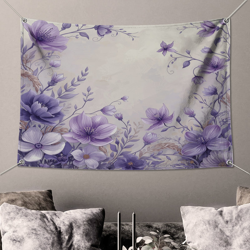 Tapisserie murale arrangement floral mauve - décoration murale fleurs, H 50 po x l 60 po avec 4 œillets