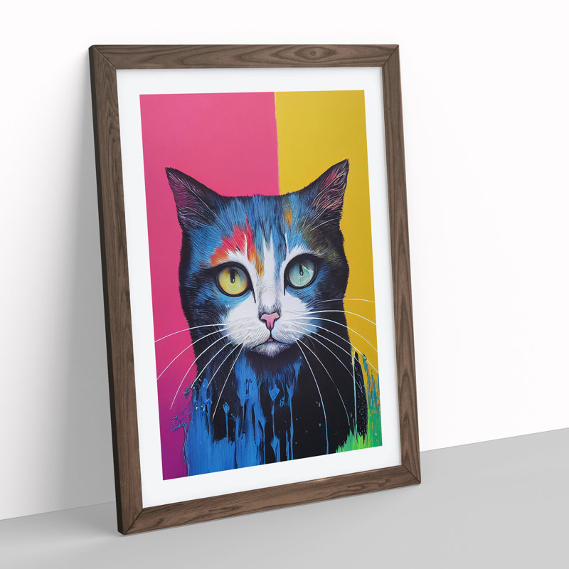 Cat Dripping No.2 - Single Picture Frame Print, 64cm H x 46cm W x 2cm D, Brown Framed