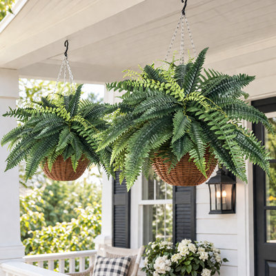 Set of 2 Artificial Boston Fern Plants, 32.68" Wide Faux Greenery with 30 Lush Branches for Hanging Baskets, Planters, Porch, Patio and Indoor Decor (No Baskets)