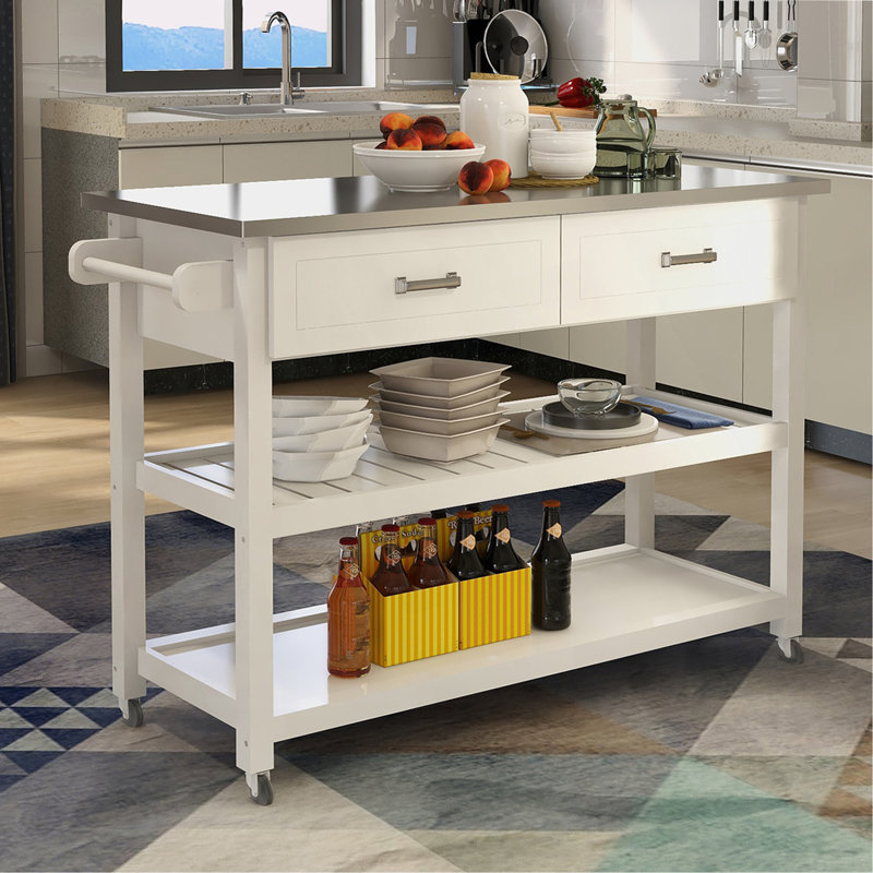 Chariot Kicthen blanc avec deux tiroirs et plateau en acier inoxydable