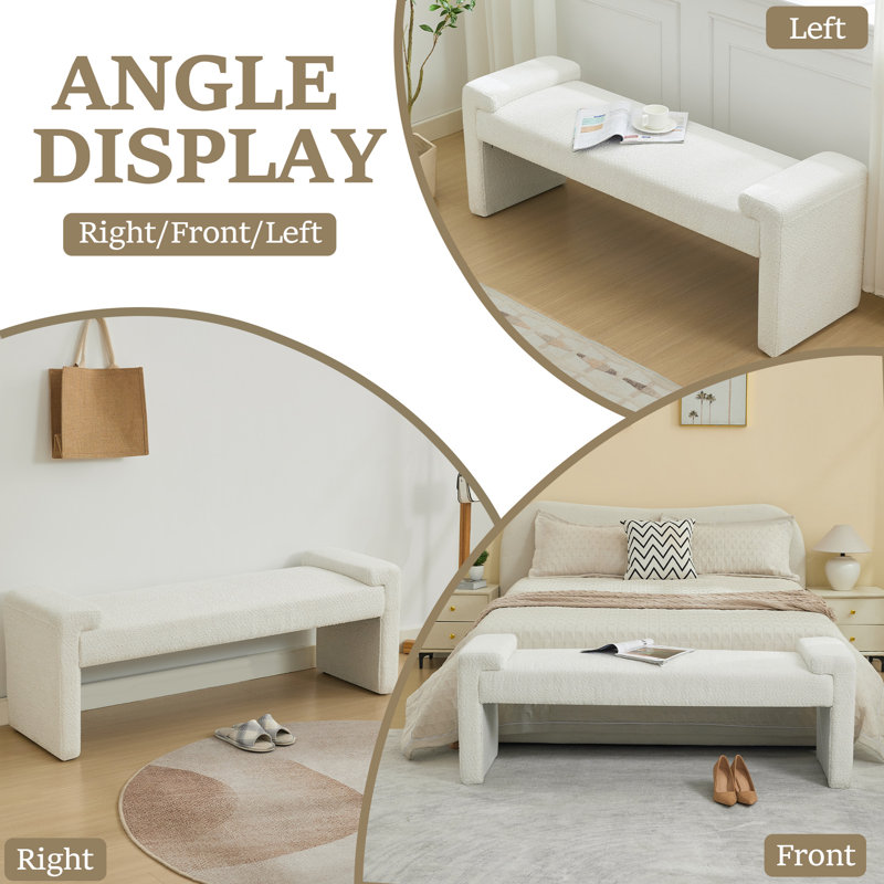 Banc de chambre rembourré l 58,6 po, Sherpa blanc, 20.6" H x 58.6" W x 17.3" D