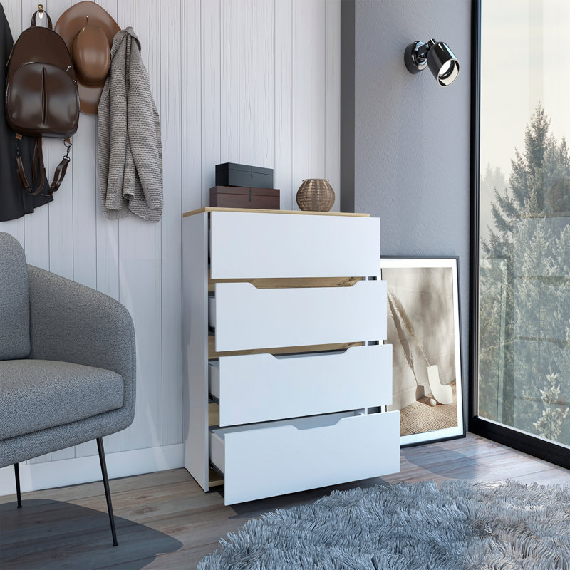Commode hautbois, plateau supérieur, quatre tiroirs, Blanc / Chêne clair