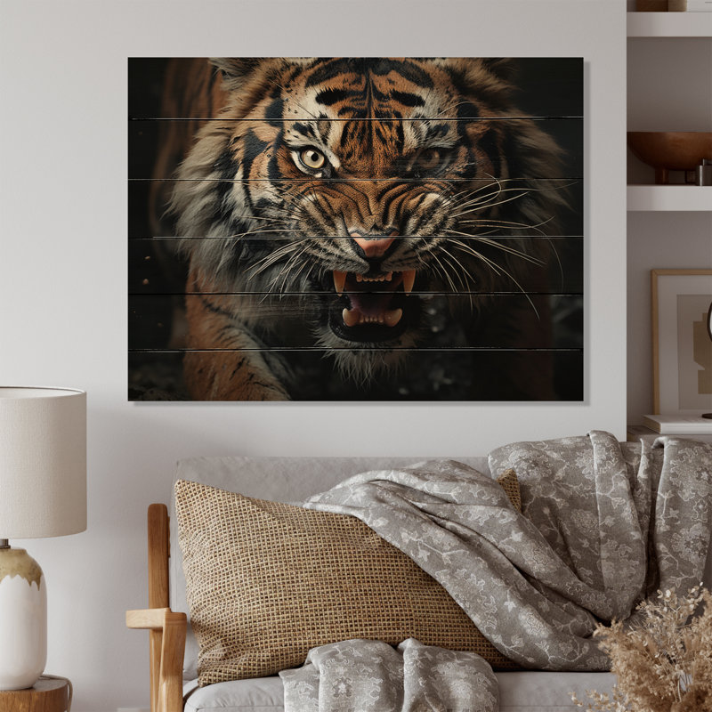 Jamarri brun, tigre féroce, portrait sur bois, H 10 po x l 20 po x P 0,78 po