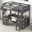 Lit mezzanine double avec bureau en U, tiroirs et tablettes de rangement