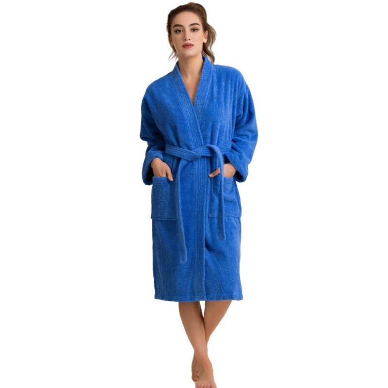 Blue Cotton Terry Cloth Mid-Calf Bathrobe with Pockets
