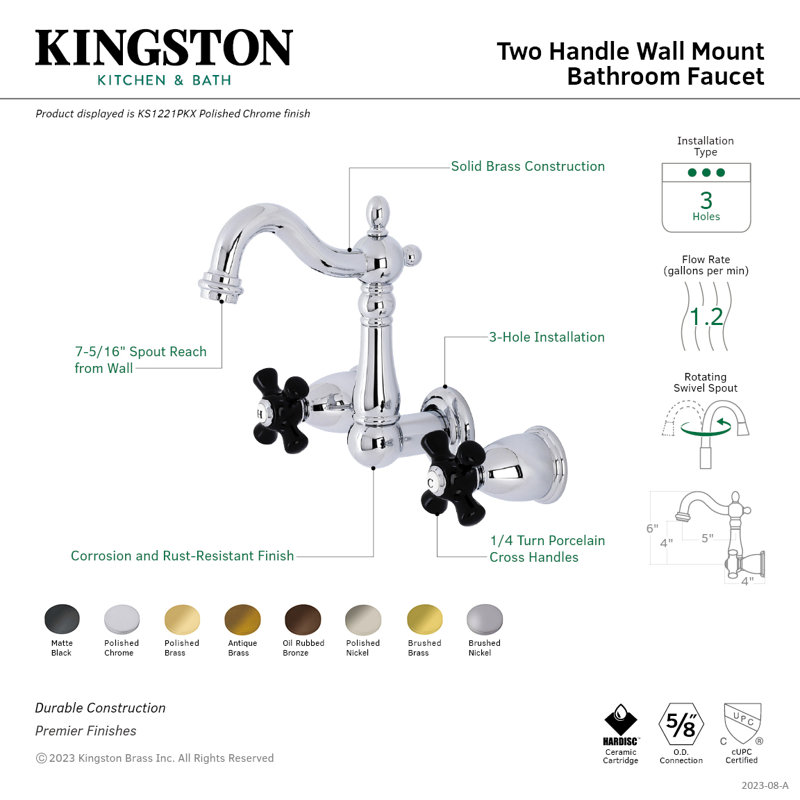 Kingston Brass Duchess Two-Handle Wall Mount Bathroom Faucet, Black