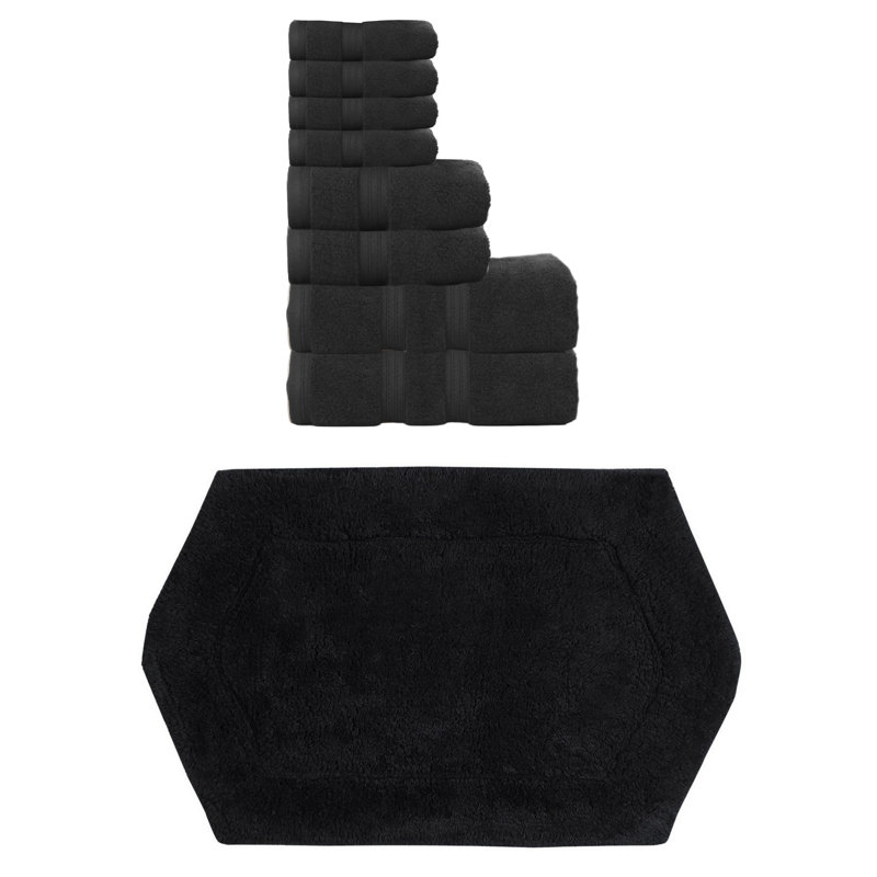 Bryd Collection 100% Soft Cotton Towel Set & 1 Pc Bath Rug, Black, 8 Piece Towel Set & 1 Piece 17"x24" Bath Rug